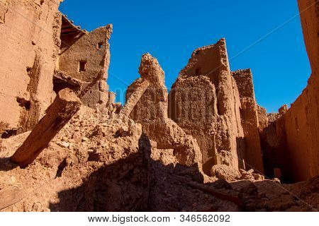 Mud Brick House Ruins In The Desert, Tinghir, Morocco