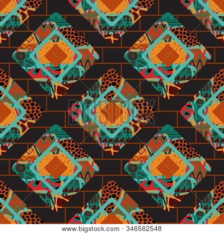 Abstract Rhombi Seamless Pattern. Rhombuses Grunge Textures Background. Hand Painted Colorful Natura
