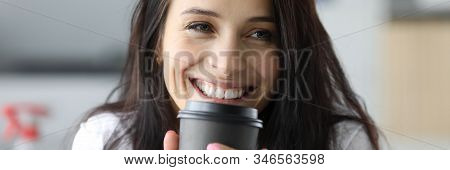 Smiling Woman Hold Black Paper Moog With Coffee Drink Portriat. Morning Energy Concept