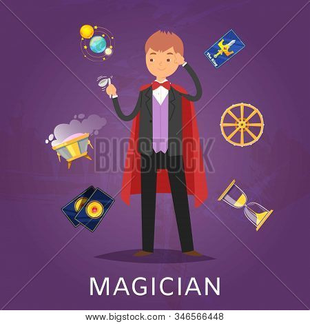 Magician Or Illusionist In Hat And Mantle With Magic Cards, Shperes And Tools For Performance Cartoo