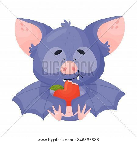 Cartoon Bat Character Eating Apple Vector Illustration