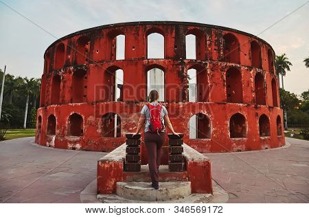 Girl Tourist Standing Near Historic Observatory, Jantar Mantar, New Delhi, India