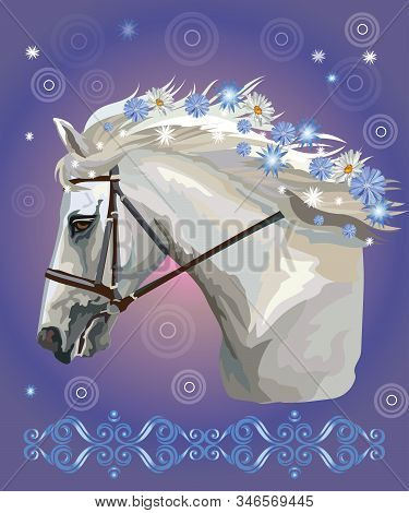 Horse In Bridle, Vector Colorful Realistic Illustration. Portrait Of Running White Horse With Differ