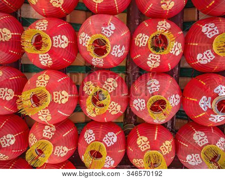 Chinese Red Lantern On The Ceiling In The Chinese Temple