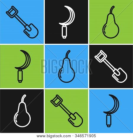 Set Line Shovel, Pear And Sickle Icon. Vector