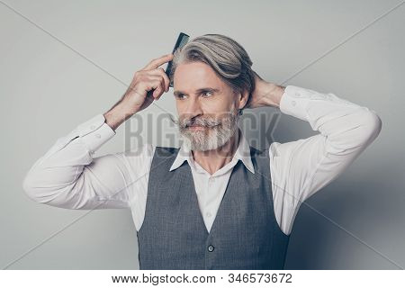 Portrait Old Mature Man Brush Silky Hairdo Anti Dander Haircare Hygiene Groomed Procedure He Need Pr