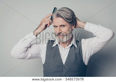 Portrait Of Masculine Groomed Macho Old Entrepreneur Gentleman Prepare Business Meeting Comb Clean H