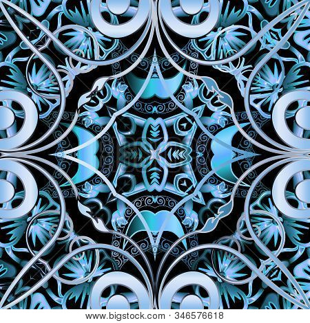 Blu Paisley Vector Seamless Pattern. Colorful Ornamental Ethnic Background. Lacy Repeat Backdrop. Vi