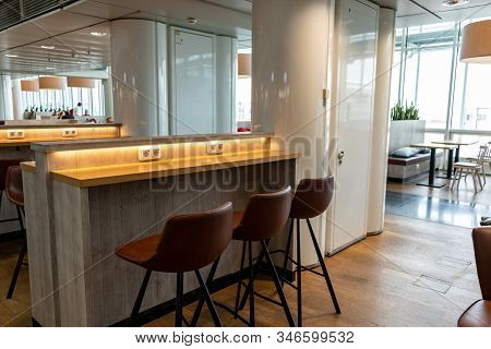 Airport, Munich, Germany - 09 April 2019: Boarding Area At Munich Airport Terminal 2 With Chairs And