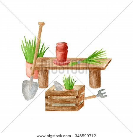 Watercolor Cute Gardening Illustration. Hand Drawn Shovel, Wood Box With Plant, Seedling And Herbs I