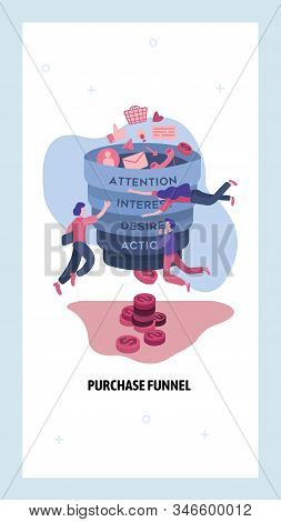 Purchase Funnel Concept, Awareness, Interest, Desire, Action. Business Marketing And Sales Strategy.