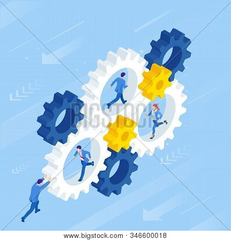 Isometric Businessmen Running In Gears Wheels. The Business Of Hard Work, Motivation And Success Con