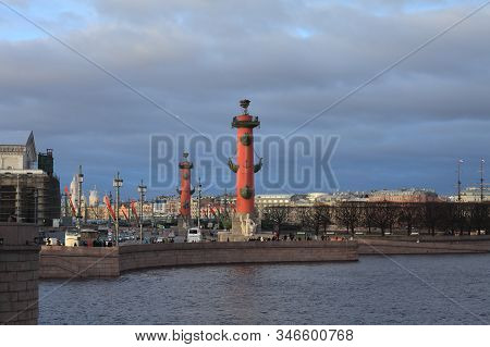 St. Petersburg, Russia, January 15 , 2020  Rostral Columns, Attractions St. Petersburg