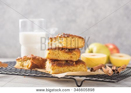 Homemade Blondie (blonde) Brownies Apple Cake Square Slices With Glass Of Milk