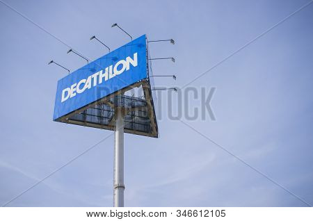 Badajoz, Spain - Feb 15th 2019. Decathlon Sign Pole Over Blue Sky. Brand More Than 1500 Sporting Goo