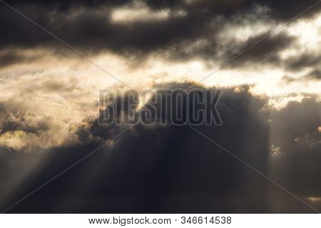 Sun Is Shining Other The Clouds, Contrast Light. Weather Changing, Bright Shining Sky With White And