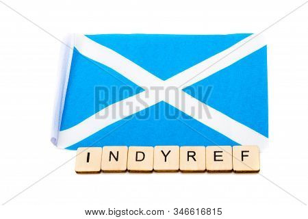 The National Flag Of Scotland, The Saltaire Or Cross Of St Andrews On A White Background With A Sign