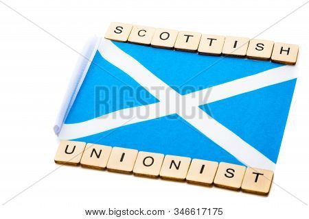 The National Flag Of Scotland, The Saltaire Or Cross Of St Andrews On A White Background With A Sign