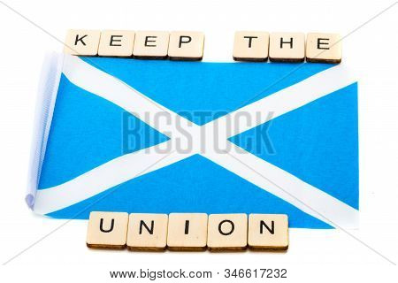 The National Flag Of Scotland, The Saltaire Or Cross Of St Andrews On A White Background With A Sign