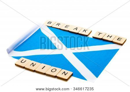 The National Flag Of Scotland, The Saltaire Or Cross Of St Andrews On A White Background With A Sign