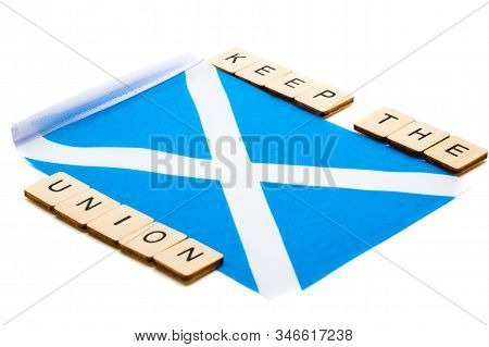The National Flag Of Scotland, The Saltaire Or Cross Of St Andrews On A White Background With A Sign