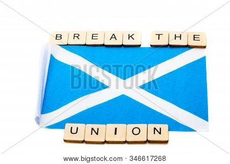 The National Flag Of Scotland, The Saltaire Or Cross Of St Andrews On A White Background With A Sign