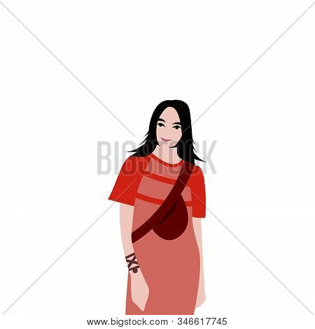 Flat Cartoon Vector Illustration. The Woman Who Is Standing And Smiling. Teenagers With Body Worn Ba