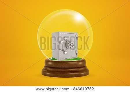3d Rendering Of Miniature Closed Metal Money Safe Inside Snowglobe On Amber Background.