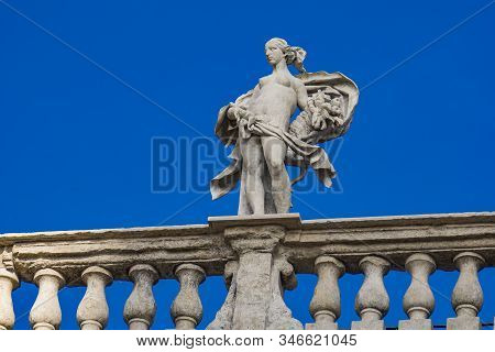 Detail Of Palazzo Maffei With Statue Of Divinity At Piazza Delle Erbe In Verona, Italy