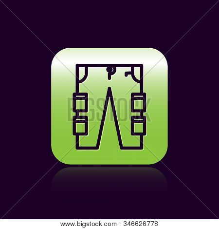 Black Line Cargo Pants Icon Isolated On Black Background. Green Square Button. Vector Illustration