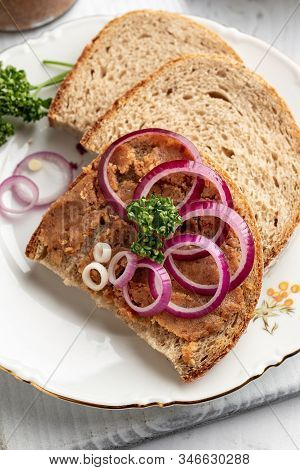 Bread Slices Slathered With Pork Lard Mixed With Ground Cracklings, Top View