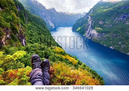 Breathtaking view of Sunnylvsfjorden fjord and famous Seven Sisters waterfalls, near Geiranger village in western Norway. Landscape photography