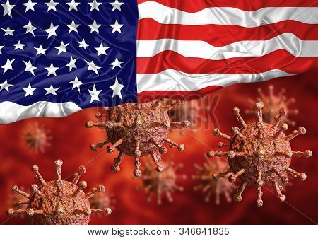 Coronavirus And Usa Flag, A Virus Pandemic Started In The Chinese City Of Wuhan And Is Spreading Acr