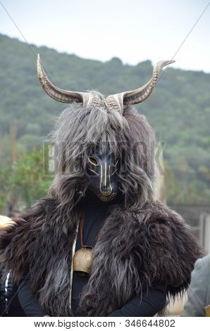 Teulada, Sardinia - 02.18.2018: Traditional Masks Of Sardinia