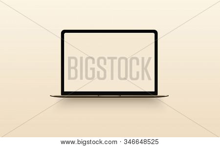 Laptop With Blank Computer Screen On Background. Front View Notebook Mock Up. The Display Is Opened 