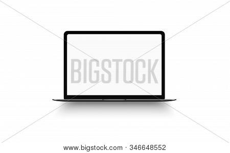 Laptop With Blank Computer Screen On Background. Front View Notebook Mock Up. The Display Is Opened 