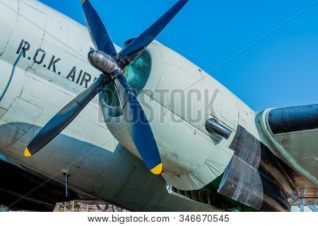 Seoul, South Korea; January 10, 2020: Closeup Of Engine Cowling And Propeller Of C-46 Commando Trans