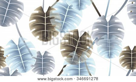 Seamless Pattern, Brown, Purple And Blue Split Leaf Philodendron On White Background