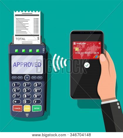 Pos Terminal And Mobile Smartphone Payment Transaction. Wireless, Contactless Or Cashless Payments, 