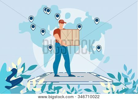 Worldwide Logistic Delivery Online Mobile Service. Man Courier Character Carrying Package Box Standi