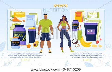 Sport Nutrition For Active Man And Woman Banner. Fruits And Vegetable Smoothies, Protein Powder, Mul
