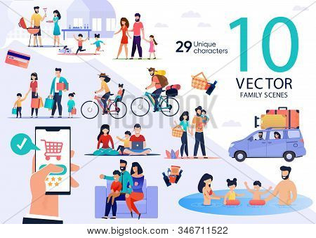 Family Summer Vacation Leisure And Recreation, Holidays Travel Trendy Flat Vector Scenes Set. Parent