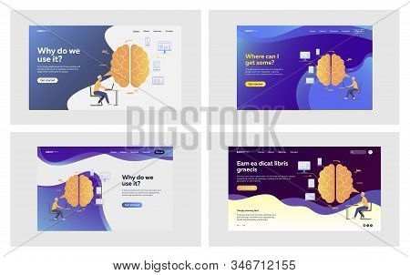Working On Project Idea Set. Entrepreneur Using Computer, Thinking Over Business Strategy. Flat Vect