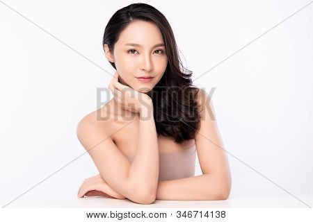 Portrait Beautiful Young Asian Woman Clean Fresh Bare Skin Concept. Asian Girl Beauty Face Skincare 