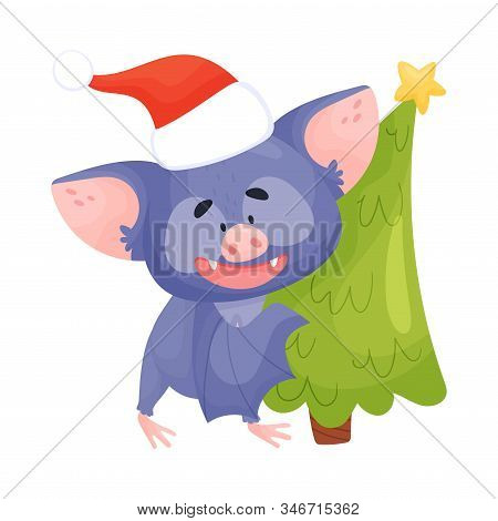 Cartoon Bat Carrying Christmas Tree Vector Illustration