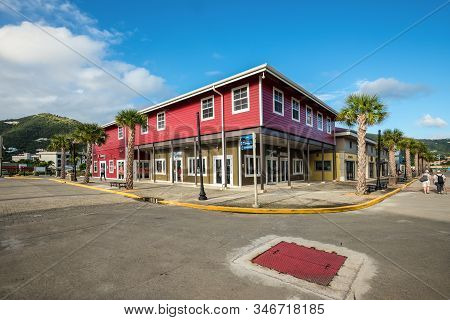 Road Town, Tortola, Bvi - December 16, 2018: Street View Of Road Town At Day With Tourist Shops And 