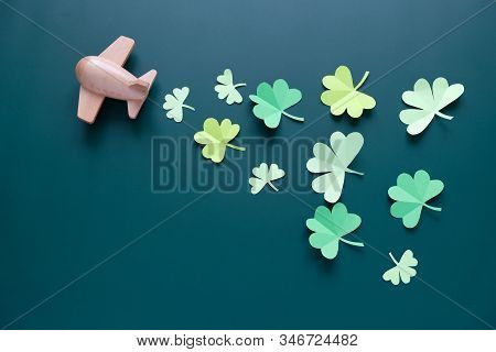 St. Patricks Day, Plane Luck Shamrock On A Green Background