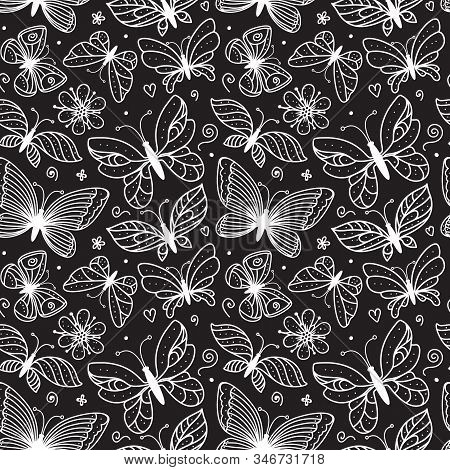 Butterfly Line Illustration Seamless Pattern. Black And White Ornament Of Hand Drawn Butterflies Wit