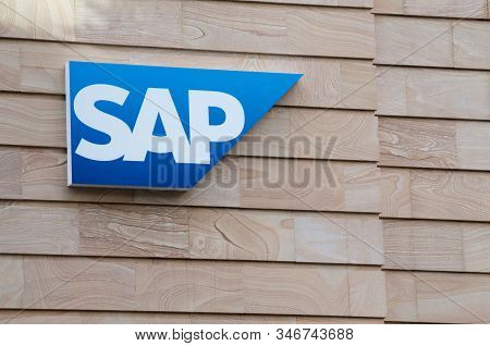 Brisbane, Queensland, Australia - 21st January 2020 : Sap Logo Hanging In Front Of A Building Facade