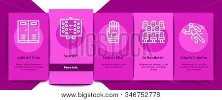 Rugby Sport Game Tool Onboarding Mobile App Page Screen Vector. Rugby Ball And Gates, Athlete Protec